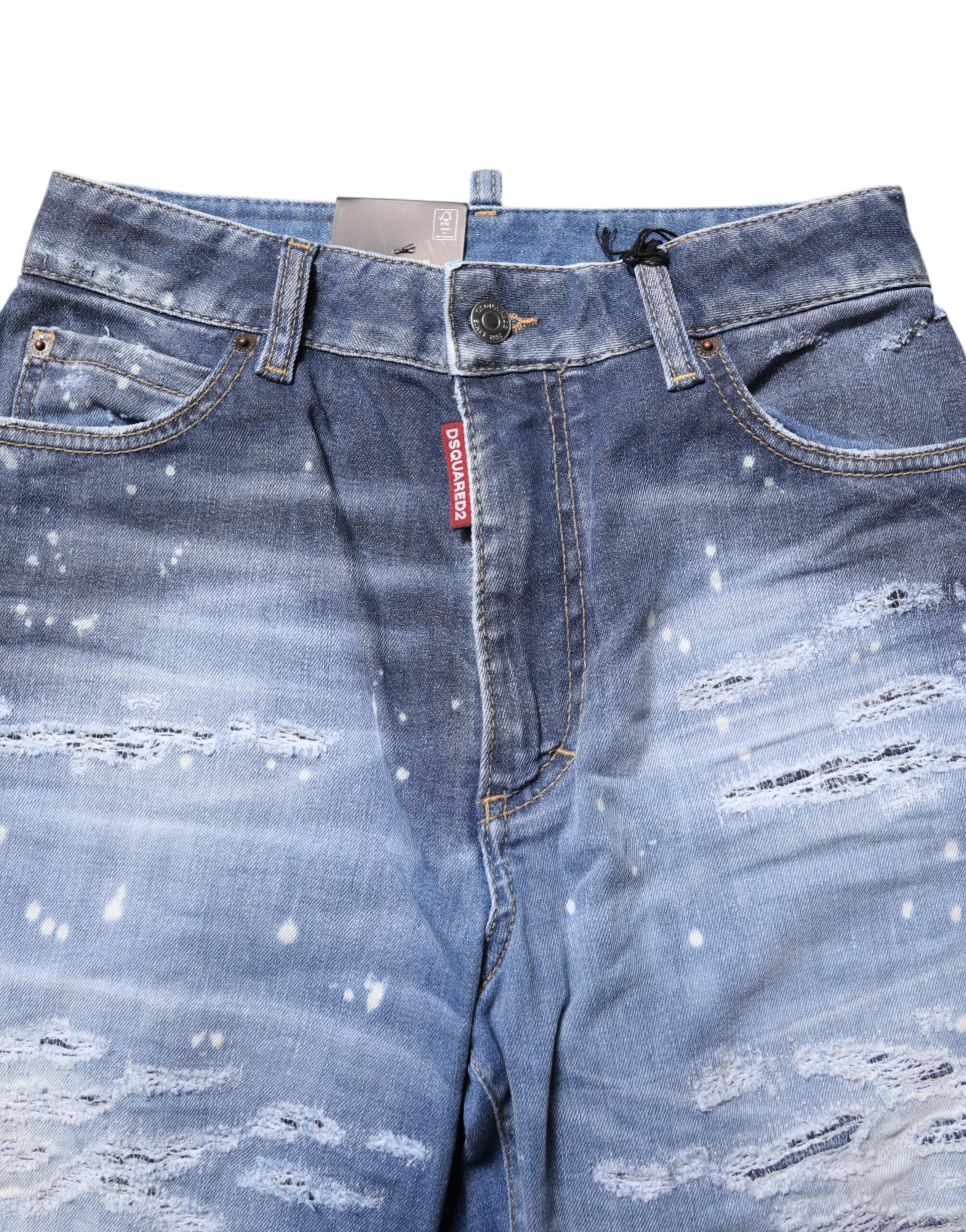 Dsquared² Blue Tattered Cotton Mid Waist Straight Denim Jeans